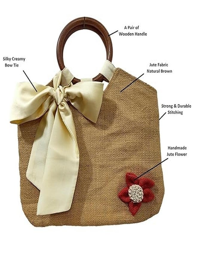 ATHZ jute hands bags for women bow tie detailing wooden handle tassel hanging Solid Plain Cotton | Jute | hand carry wristlets bags fashion accessory (Golden Brown Jute, Silky Creamy) - Image 4